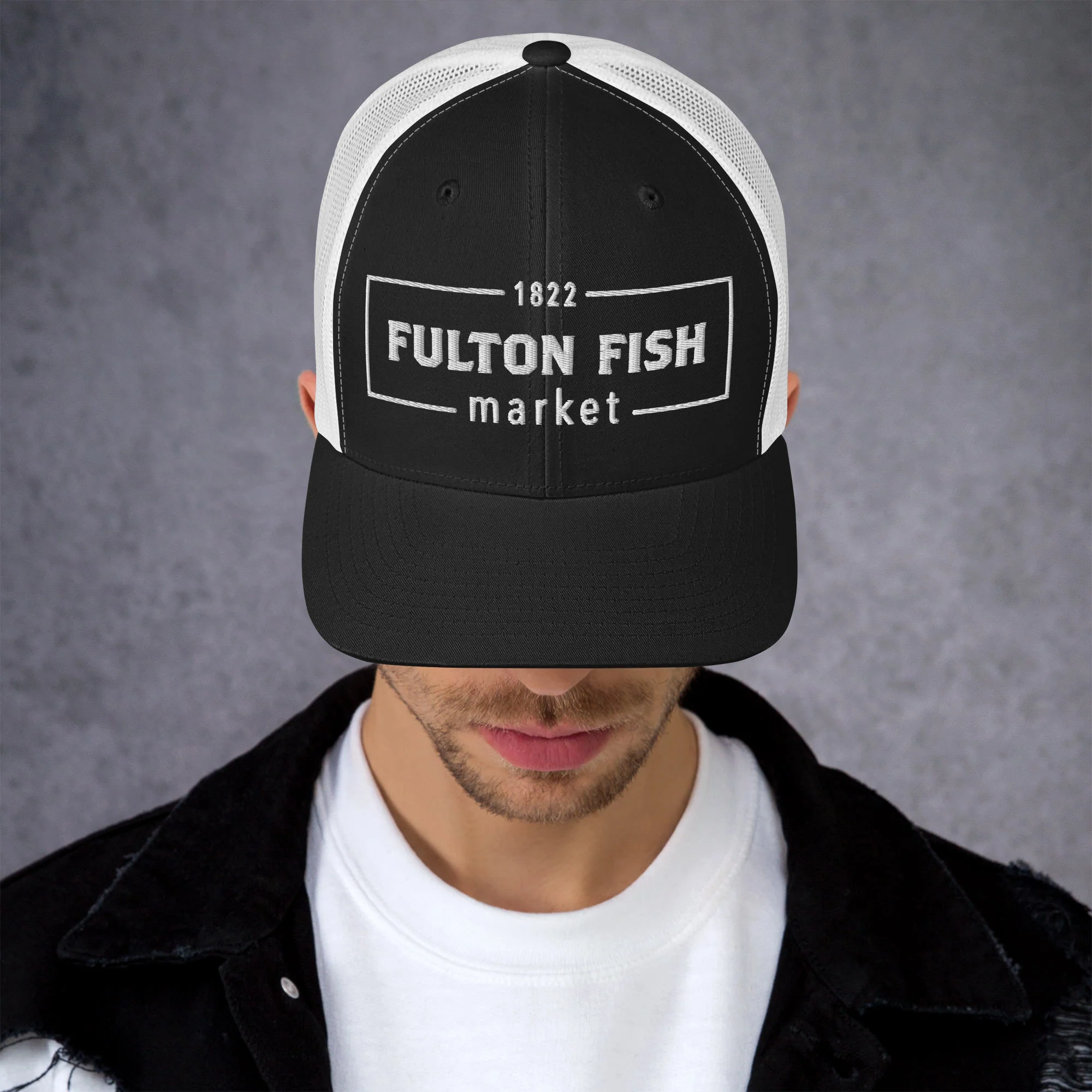 Fulton Fish Market Trucker Hat, Black & White