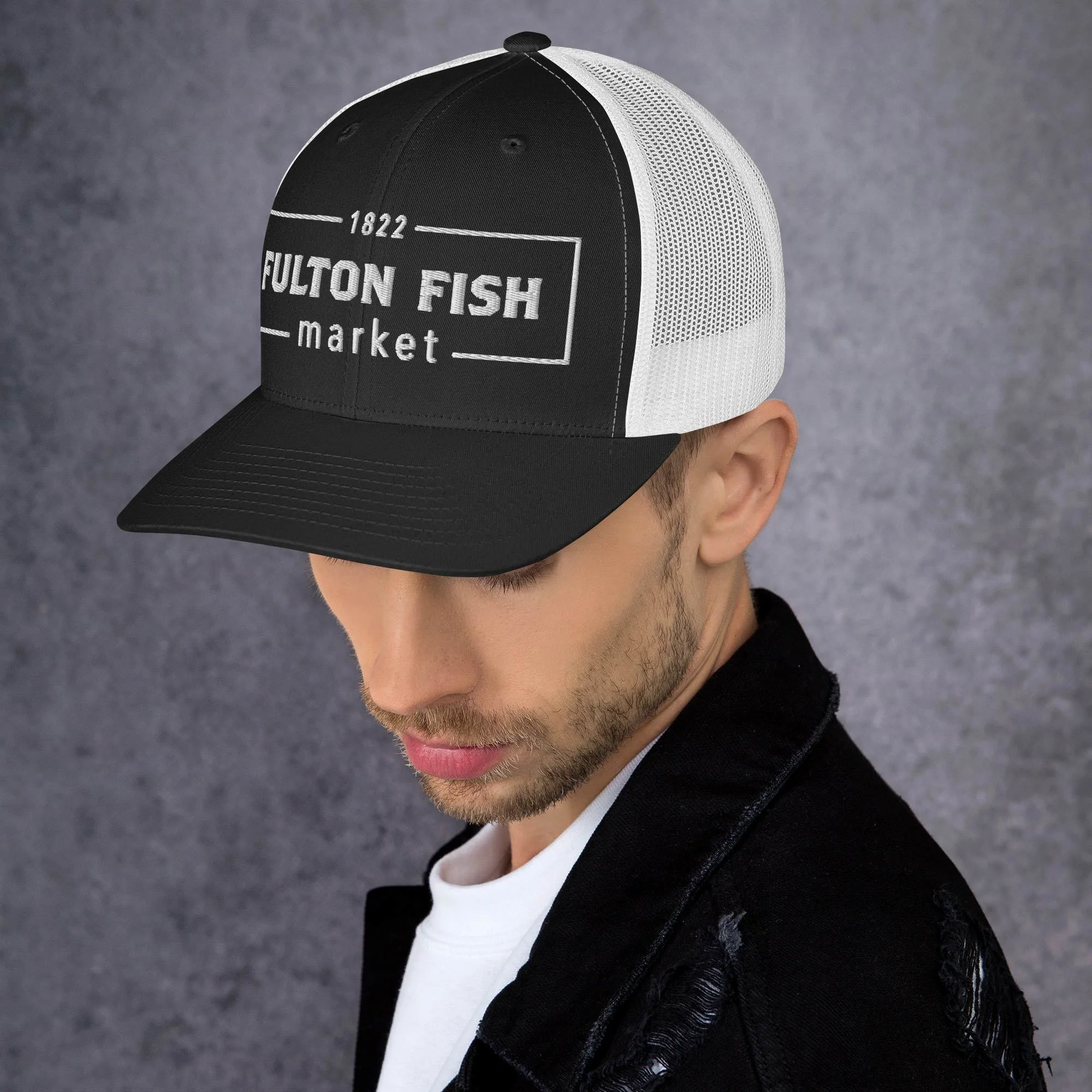 Fulton Fish Market Trucker Hat, Black & White - Image 2