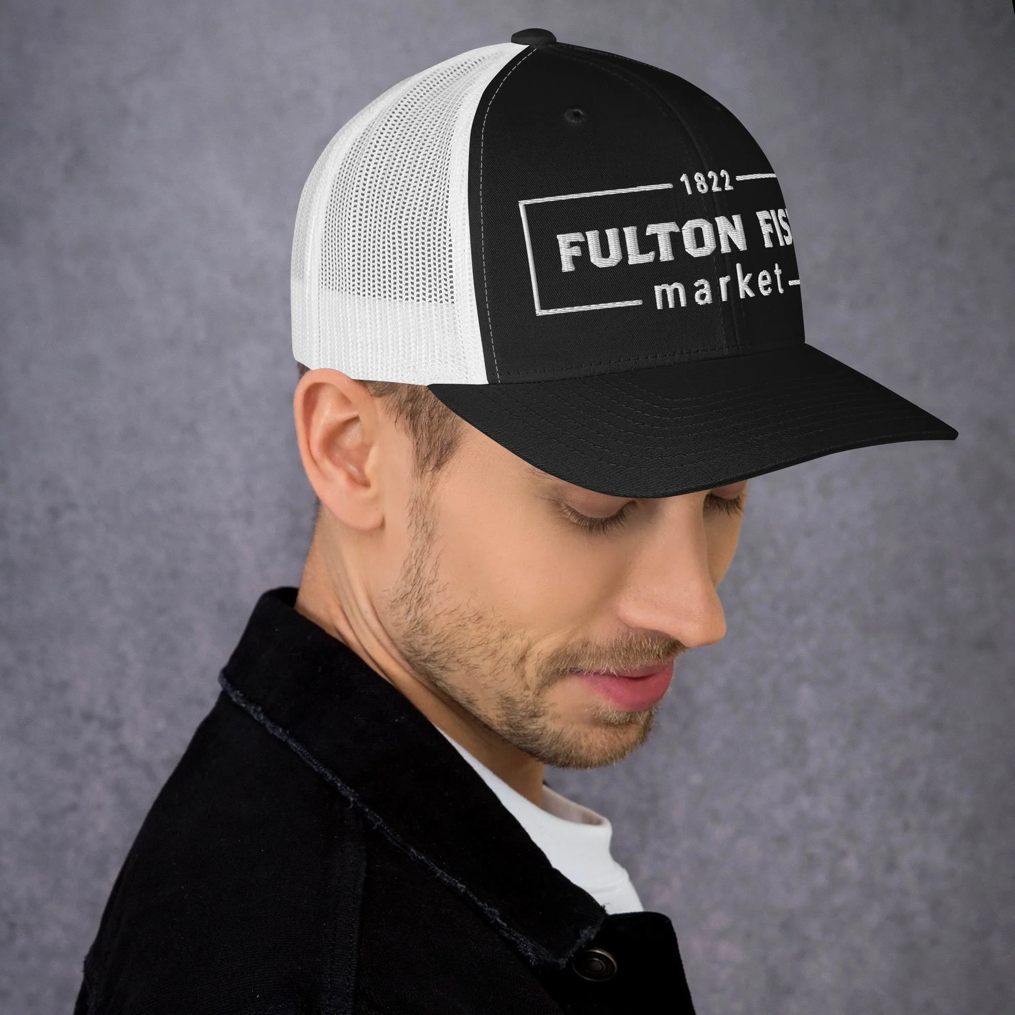 Fulton Fish Market Trucker Hat, Black & White - Image 3